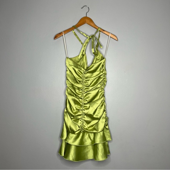 Jessica McClintock Y2K Green Silk Satin Ruched Dress H - Picture 2 of 8